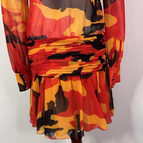 Dsquared2 Camouflage Print Bow Neck Sheer Dress Red Orange Size 38 US 2 - Picture 8 of 12